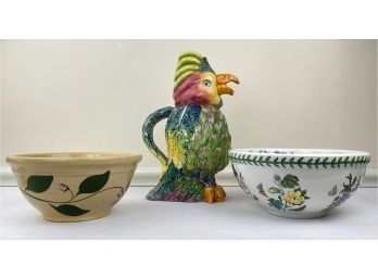 3 Pieces Vintage Pottery, Portmeirion, Watt Bowl & Italy Parrot Pitcher