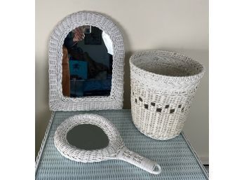 3 Pcs Vintage White Wicker - Wall Mirror, Hand Mirror, And Waste Bin