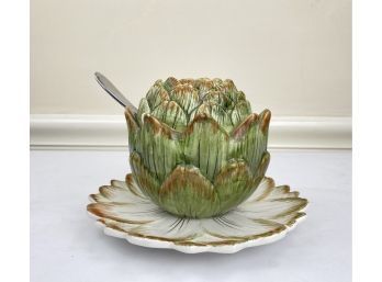 Vintage Italy Artichoke Pottery Covered Bowl