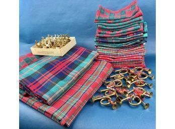 3 Sets Of Vintage Christmas Or Holiday Plaid Or Tartan, Table Ware, And 2 Sets Of Napkin Rings