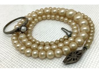 Vintage Sterling Silver & Faux Pearl Graduated Necklace & Ring