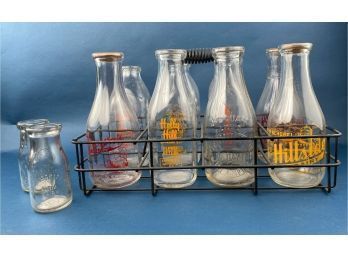 Vintage Glass Milk Dairy Bottles In Metal Carrying Case