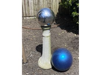 Two Mirrored Glass Garden Or Butterfly Balls And One Concrete Pedestal
