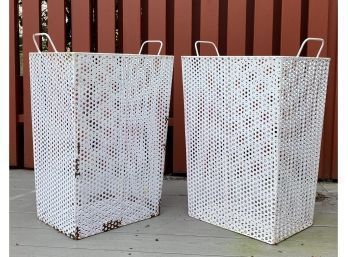 Pair Of Vintage White Metal Outdoor Garden Pool Storage Bins Baskets With Handles
