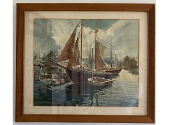 Lloyd R. Jones Ship & Boats In Harbor Print Of A Watercolor Painting