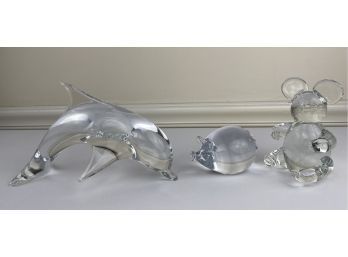 3 Vintage Glass Figurines Sculptures Dolphin Pig Teddy Bear