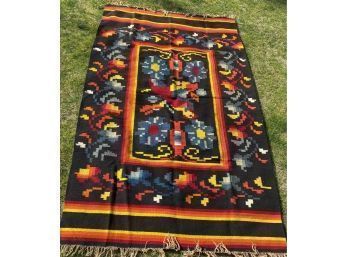 Vintage Navajo Or Native Woven Wool Rug Blanket Poncho W/ Bird & Flower Design