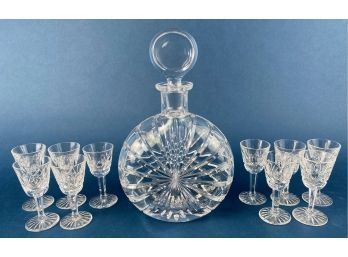 Vintage Atlantis Decanter With 10 Waterford Glass Lismore Crystal Cordial Glasses