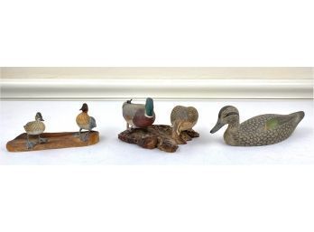 3 Signed Vintage Hand Carved, Miniature, Wood Duck Decoys