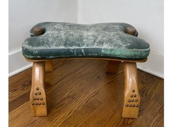 Vintage Or Antique Camel Saddle Seat Ottoman Or Foot Stool With Green Leather Cushion