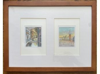 Artist Signed, Italian Street Scenes - Diptych - Framed And Matted, Small Watercolor Paintings