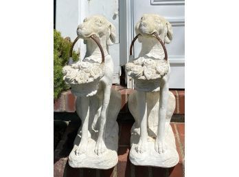 Pair Vintage Cement Dog Statues Holding Flower Baskets