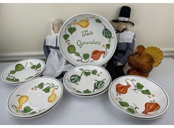 Williams Sonoma Thanksgiving Pottery Salad Bowls Set - Gourds, Vintage Glass Turkey Box