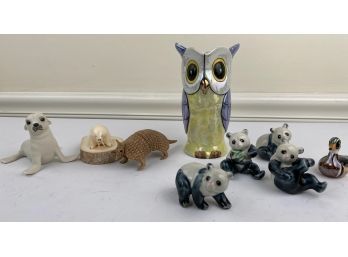 Vintage Animal Figurine & Porcelain Pitcher Lot Includes Seal, Walrus, Owl, Duck, Pandas, Aardvark