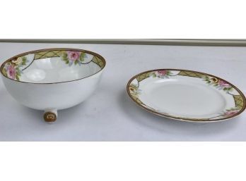 Vintage Handpainted Nippon Porcelain Roses, Footed Bowl & Plate