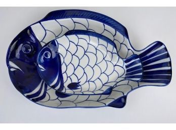 2 Dansk Ceramic Blue And White Glazed Fish Platters Or Serving Dishes