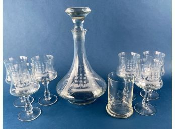 Vintage Etched Ships Crystal Wine Decanter With 6 Matching Wine Glasses Plus One Tumbler