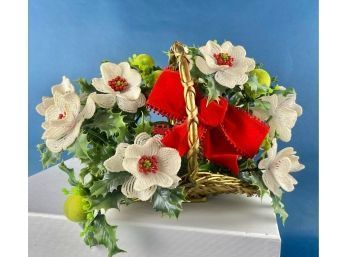 Vintage Holiday Or Christmas Floral Beaded Basket