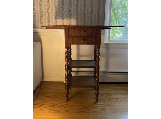 Antique Georgian Style 2 Drawer Turned Leg, Drop Leaf, Fruit Wood Verneer Side / Lamp Table