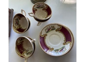Set Of 6 - Antique Myott Staffordshire England, Peacock Motif China Tea Cups And Saucers