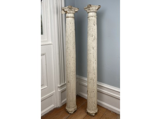 Pair Of Antique Salvage Solid Wood Corinthian Columns Painted White