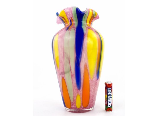 Large Colorful, Hand Blown Post Modern Abstract Murano Vase