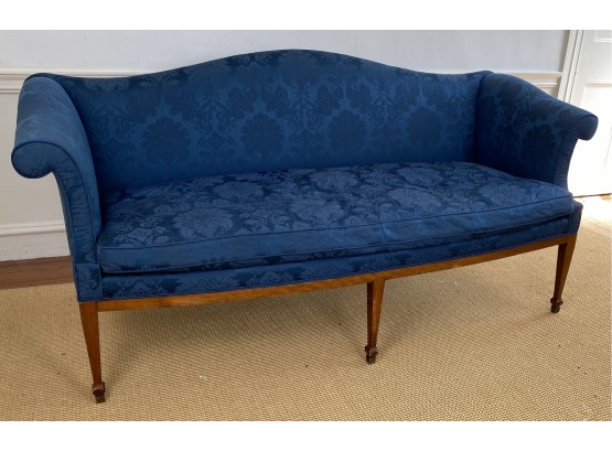 Antique Rolled Arm Salon Sofa Upholstered In Peacock Blue Damask Fabric