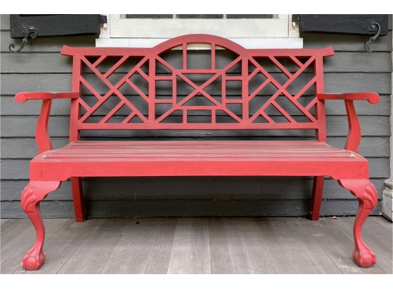 Antique Wooden Bench Seating In Chippendale Style With Ball And Claw Foot, Painted Red
