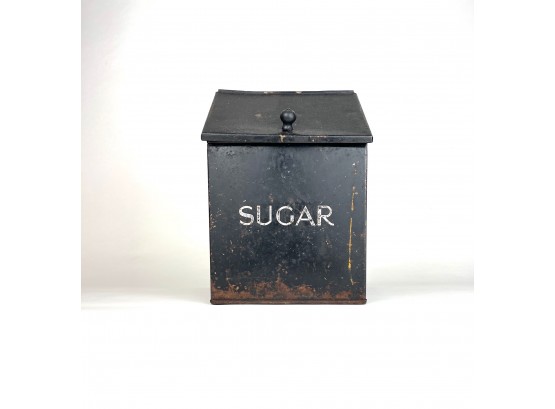 Antique Black Metal Hinged Lid Sugar Box Bin