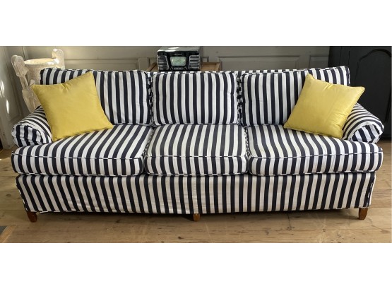 Black And White Cabana Stripe Sofa And Pair Of Yellow Silk And Down Throw Pillows