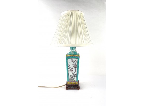 Delicate Asian Style Porcelain Table Lamp With Turquoise Glaze And Floral Motif On Rosewood Base