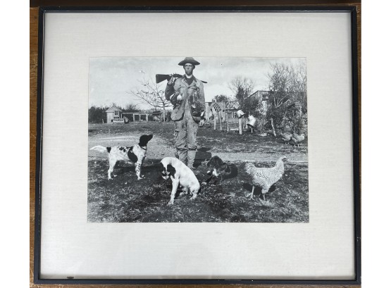 Vintage Or Antique Framed Black And White Photograph Of Bird Hunter Or Farmer With Dogs And Chickens
