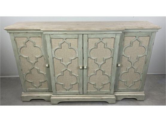 Sideboard Cabinet Or Tall Credenza By Uttermost In Light Green Distressed Finish & Mackenzie Childs Hardware