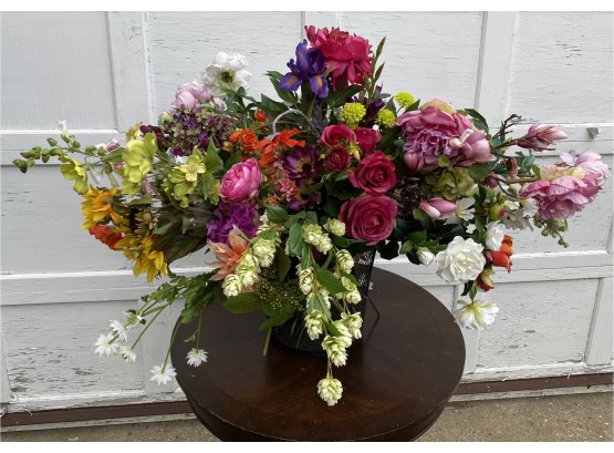 Large Assortment Of Artificial Flowers In Metal Wire Bin