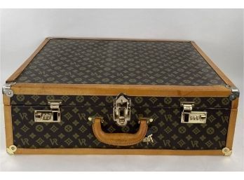 Vintage 1970's VR Diann Tan Leather And Brown Monogrammed Coated Canvas Suitcase In Louis Vuitton Style