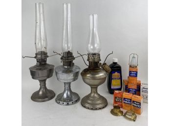 3 Vintage Aladdin Oil Lamps With Silver  Or Pewter Tone Bases And Lamp Supplies: Oil, Wicks, Loxon Mantels