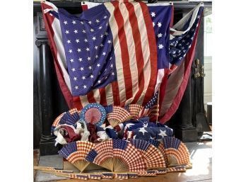 American Flag Lot - 48 Stars, Hulbert, Defiance, Valley Forge, Pleated Bunting Flags And Vintage Paper Fans
