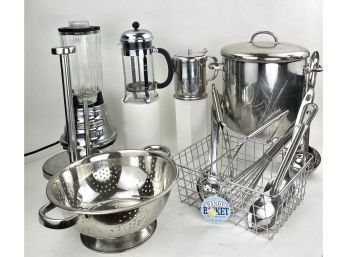 Lot Of Stainless Steel Cook Or Kitchen Wares, Oster Blender, Bodum French Press, All Clad, Etc
