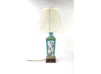Delicate Asian Style Porcelain Table Lamp With Turquoise Glaze And Floral Motif On Rosewood Base
