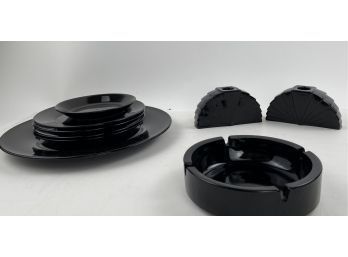 Assorted Vintage Black Glass - Deco Candle Sticks, Ashtray, And Plates