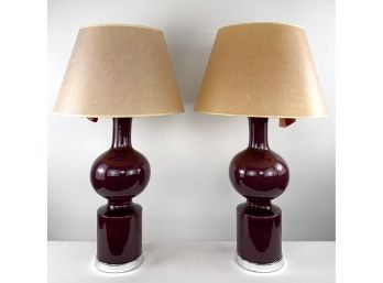 Pair Of  Vintage Purple Ceramic With Lucite Base Gourd Lamps