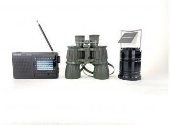 Camping Essentials, Binoculars, Radio And Lantern