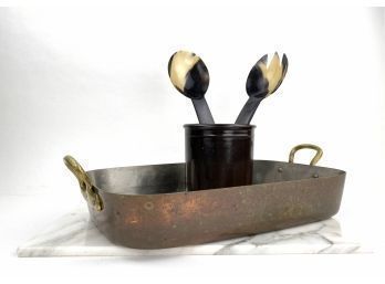 Vintage Copper Roasting Pan, Tortoise Serve Wear, Brown Stoneware Crock & Marble Trivet
