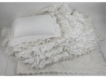 Ralph Lauren White Cotton Bedding - 5 Standard Pillow Shams, One Linen Coverlet, One Linen Lumbar Pillow