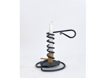 Hand Forged Iron Courting Candle With Drip Pan, Wooden Candle Holder