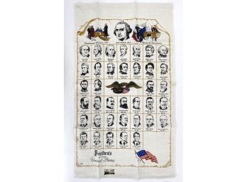 Vintage Hand Printed KayDee Linen Banner Of The US Presidents, Until Jimmy Carter