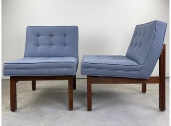 Pair Of Mid Century Attributed To Florence Knoll Slipper Chairs In French Blue Wool - Original Upholstery
