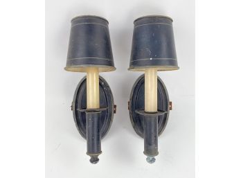 Pair Of Antique Or Vintage Candlestick Sconces With Black Metal Shades