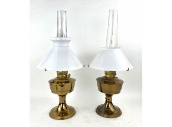 2 Brass Coated And White Glass Shade Aladdin Oil Lamps, Made In England