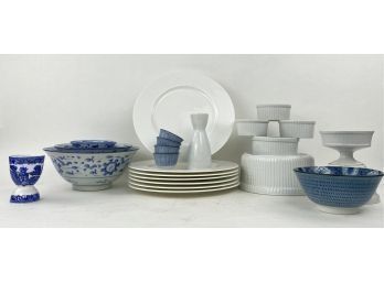 26 Pcs Of Blue And White Porcelain Or Ceramic Table Ware, Sake, Chinese Nesting Bowls, Plates, Souffle Dishes